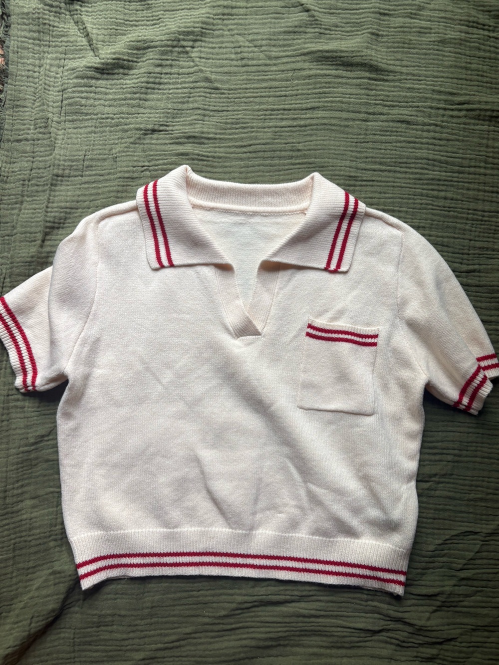 Women’s Short Sleeve Collared Polo Sweater with Red Stripe Detail